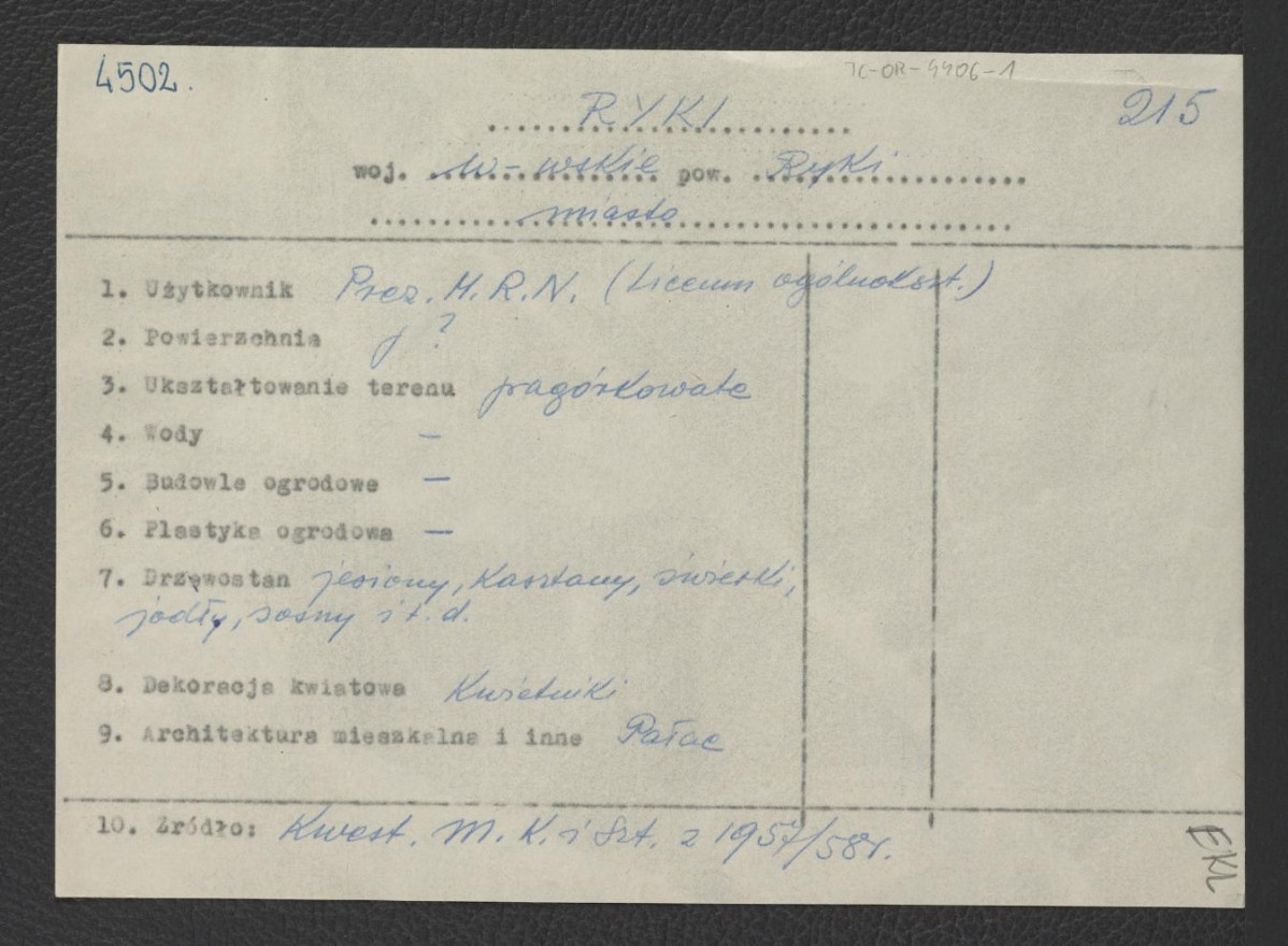 wypis z Kwestionariusz Ministerstwa Kultury i Sztuki z 1957/1958 r.; brak obwoluty , skan 1