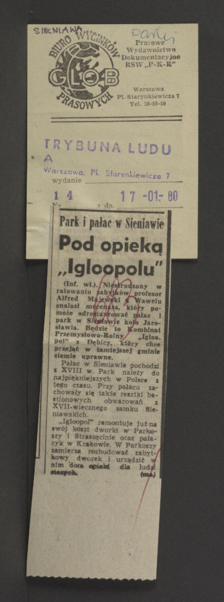 wycinek z „Trybuny Ludu” z 17 stycznia 1980 r. (nr 14) zawierający tekst pt. Park i pałac w Sieniawie. Pod opieką Iglopolu dotyczący zamierzeń renowacji miejscowej posesji przy współpracy z tym przedsiębiorstwem                        , skan 1