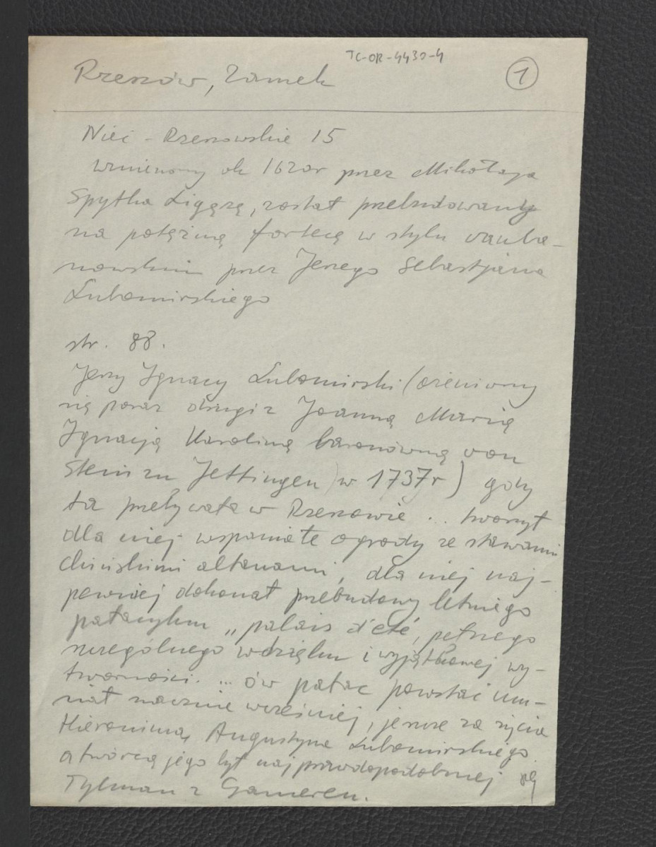 wypis z Nieć J., Rzeszowskie za Sasów: rys historyczny, Rzeszów 1938, s. 15, 88, 128 dotyczący dziejów miejscowego pałacu oraz jego przynależności do rodu Lubomirskich; dwie karty , skan 1