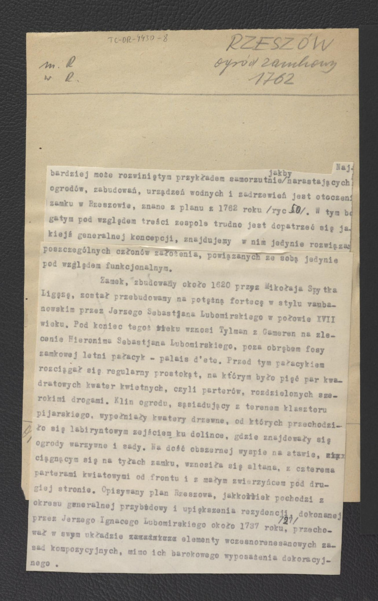 notatka dotycząca miejscowej rezydencji Lubomirskich opracowany na podstawie widoku autorstwa K.H. Wiedemanna z 1762 r. oraz planu katastralnego z 1848 r. , skan 1