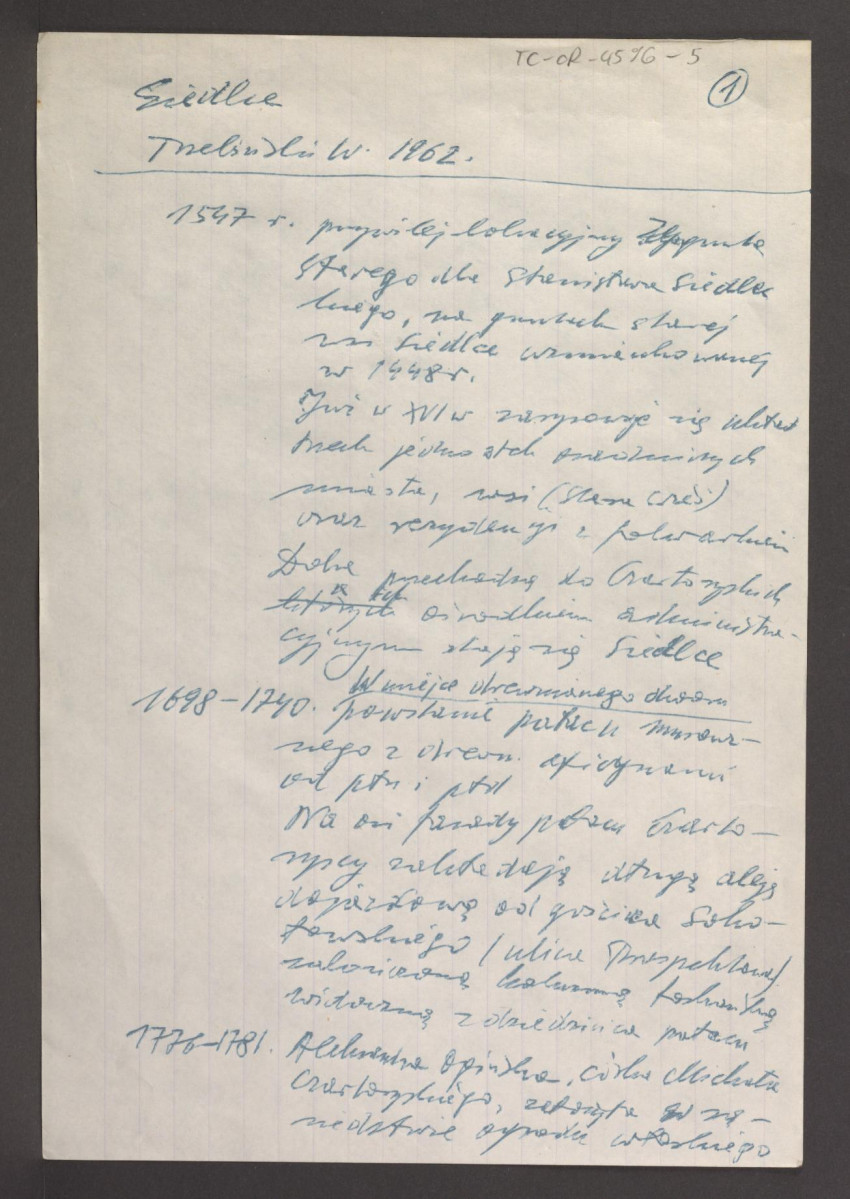 wypis z Trzebiński W. (1962) wzmiankujący ważniejsze momenty w dziejach miejscowej posesji; dwie karty , skan 1