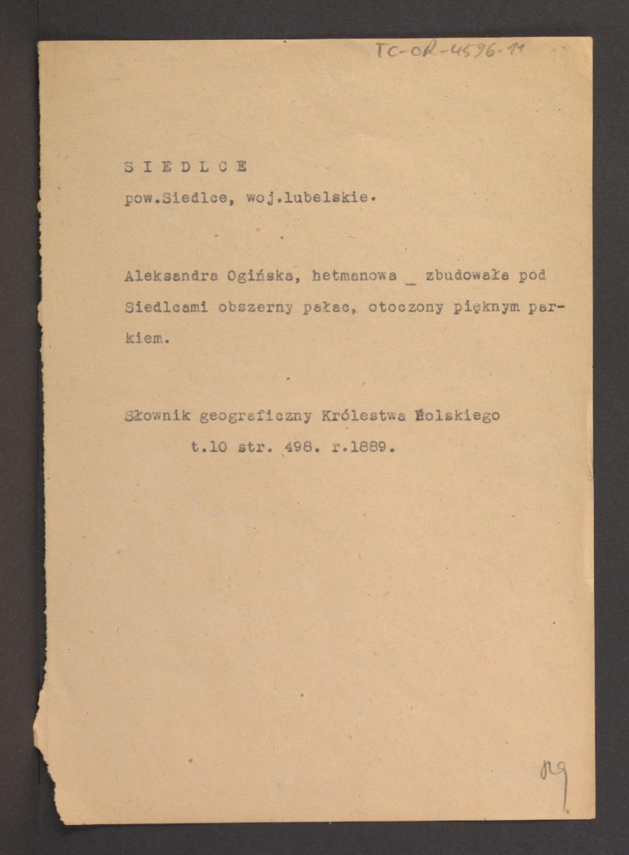 wypisy z Słownik Geograficzny Królestwa Polskiego t. X, s. 498 dotyczący wzniesienia miejscowego pałacu przez Aleksandrę Ogińską , skan 1