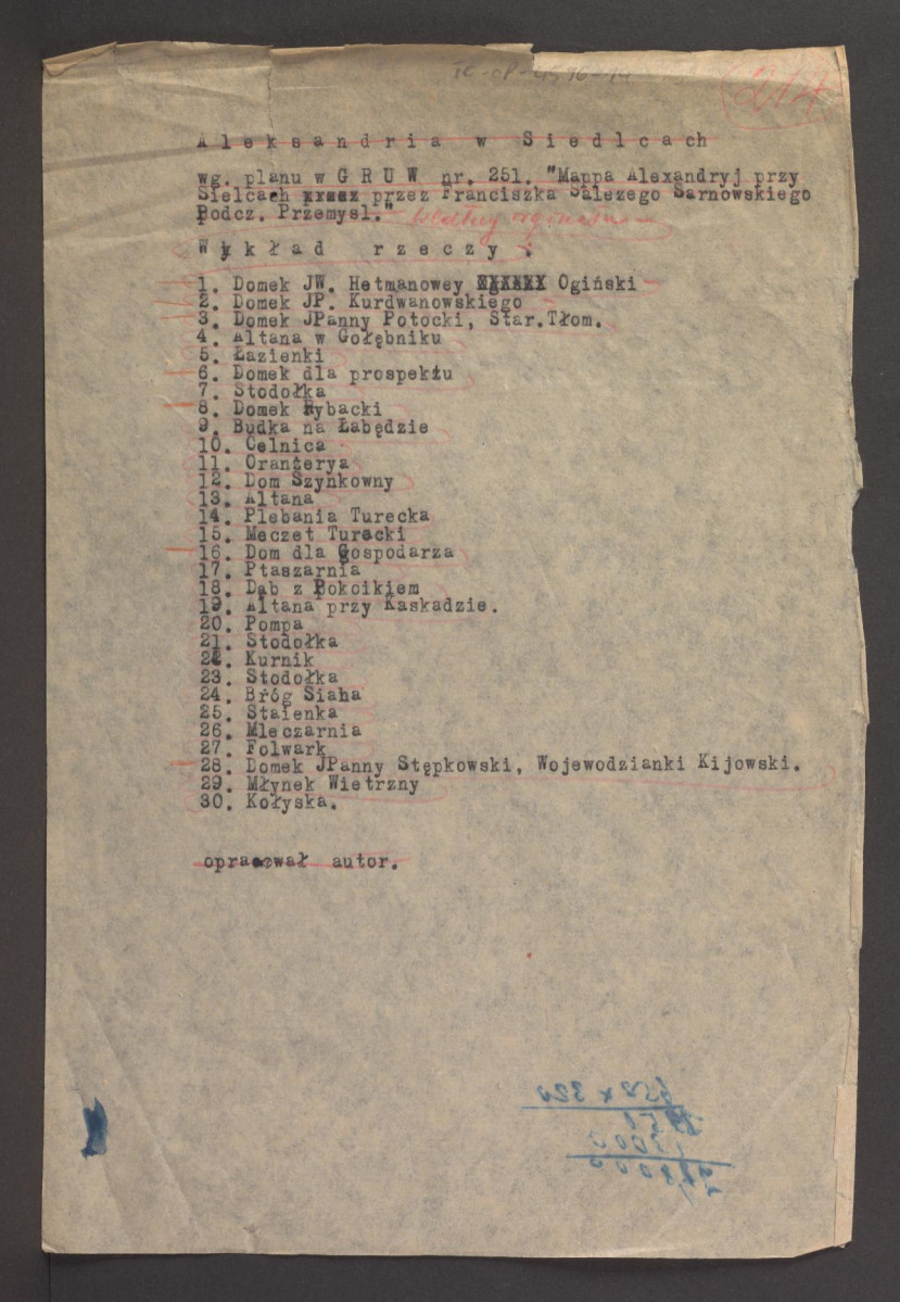 spis obiektów usytuowanych na terenie tej posesji na podstawie Mappa Alexandryj przy Sielcach przez Franciszak Salezego Sarnowkiego Podcz. Przemysl. , skan 1