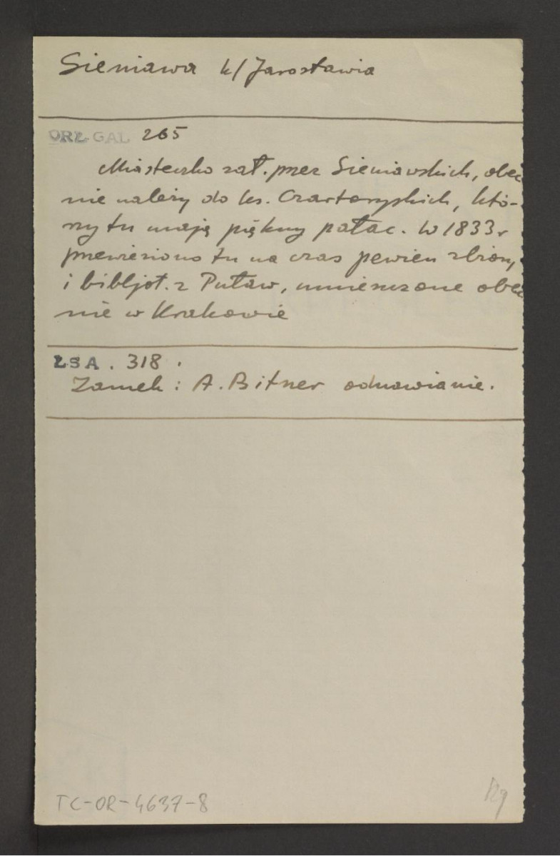 wypis z Orłowicz M., Ilustrowany przewodnik po Galicyi, Bukowinie, Spiszu, Orawie i Śląsku Cieszyńskim, Lwów 1919, s. 265 wzmiankujący przynależność miejscowej posesji do rodu Czartoryskich oraz tymczasowego przeniesienia zbiorów puławskich w 1833 r. , skan 1
