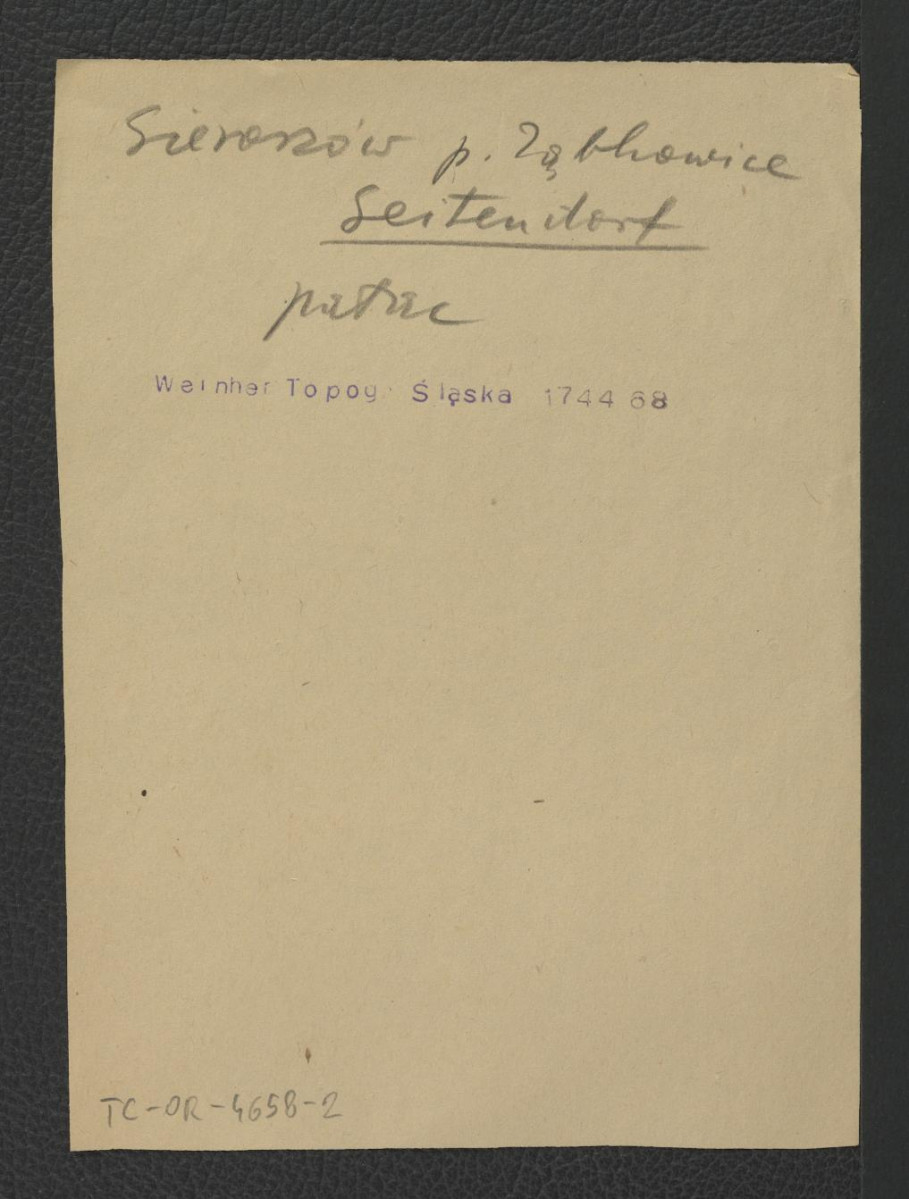 karta do niezachowanej w obwolucie fotografii reprodukcji ryciny przedstawiającej najprawdopodobniej miejscowy pałac, a zawartej w Wernher F.B., Topografia Śląska, 1744-1768               , skan 1