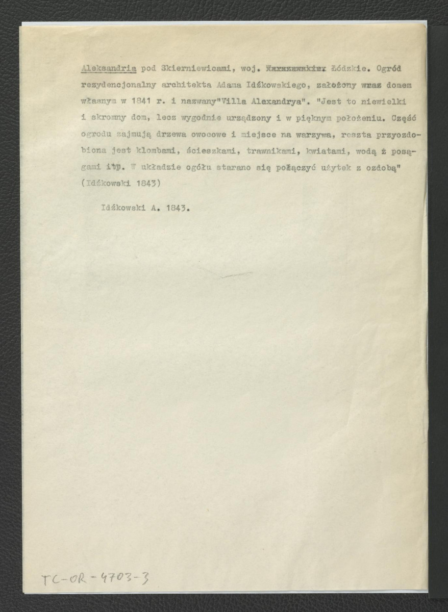 notatka dotycząca ogrodu rezydencjonalnego architekta Adama Idzikowskiego w 1941 r. – na podstawie jego o dwa lata późniejszych zapisków                                     , skan 1