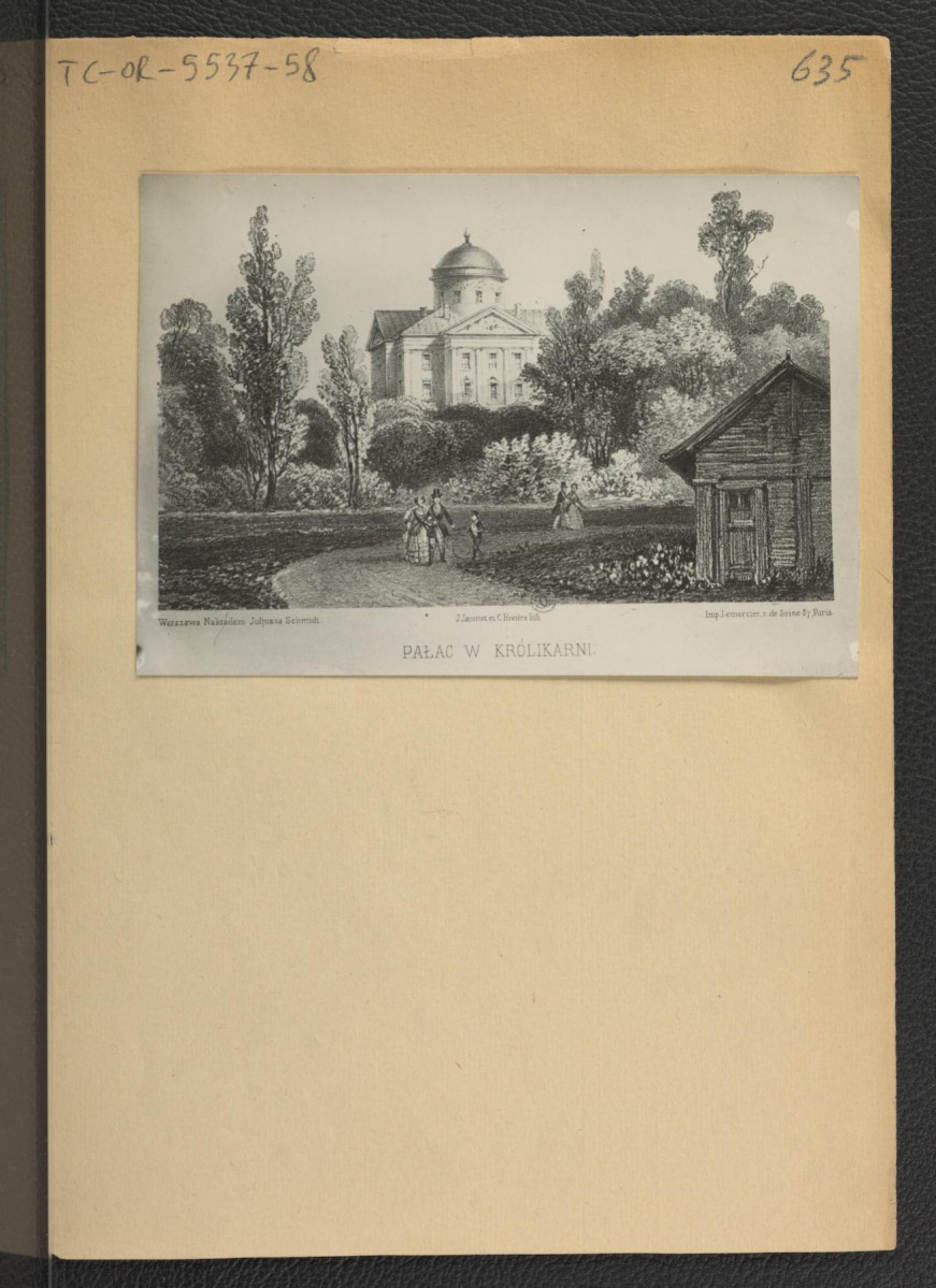 fotografia czarno-biała reprodukcji litografii autorstwa J. Schmidta, J. Jacotteta i C. Rivare’a ukazująca widok na miejscowy pałac oraz fragment parku od zachodu , skan 1