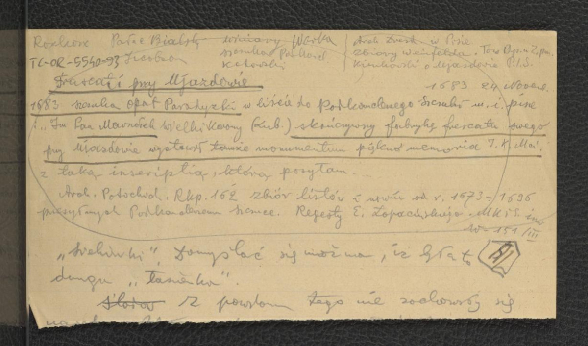 fragment wypisu z Archiwum Potockich (rękopis 162): Zbiór listów i nowości od roku 1673-1696 przesłanych podkanclerzemu Szczuce; regesty E. Łopacińskiego w-151/III, skan 1