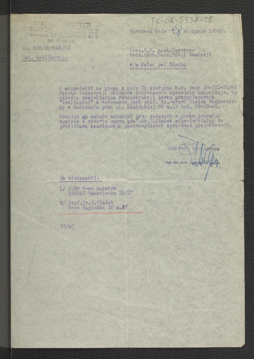 odpowiedź z 28 sierpnia 1964 r. ze strony Zarządu Inwestycji Obiektów Zabytkowych do Wydziału Architektury Nadzoru Budowalnego i Geodezji Prezydium Rady Narodowej m.st. Warszawy na pismo z 25 sierpnia 1964, skan 1