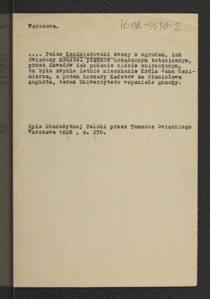 wypis z Święcki T., Opis starożytnej Polski, Warszawa 1828, s. 270 dotyczący dziejów miejscowego pałacu , skan 1