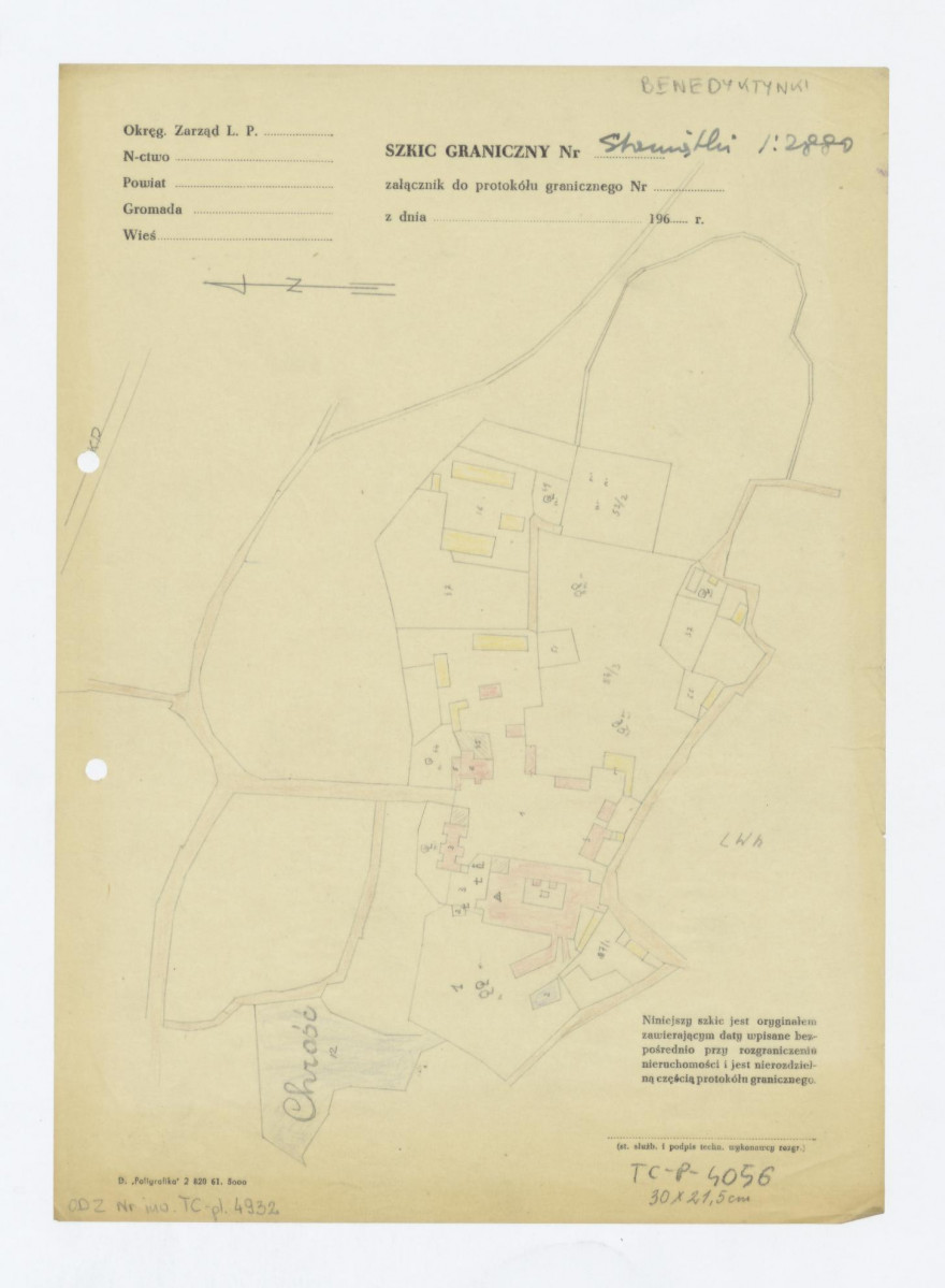 plan sytuacyjny klasztoru z kościołem, zabudowaniami klasztornymi i ogrodami, skan 1