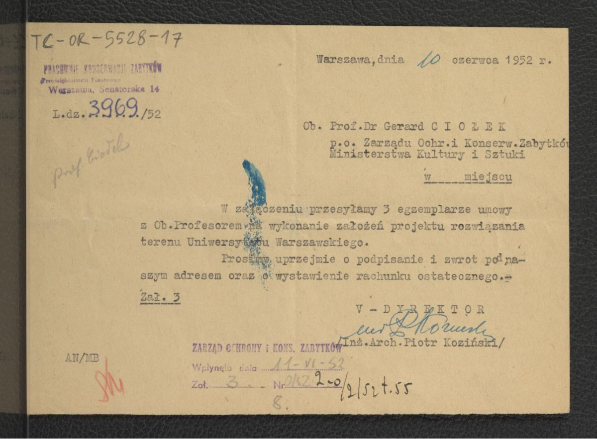 prośba z 10 czerwca 1952 r. ze strony PKZ w Warszawie do G. Ciołka o podpisanie i zwrot rachunku ostatecznego odnośnie wykonania założeń projektu rozwiązania terenu Uniwersytetu Warszawskiego , skan 1