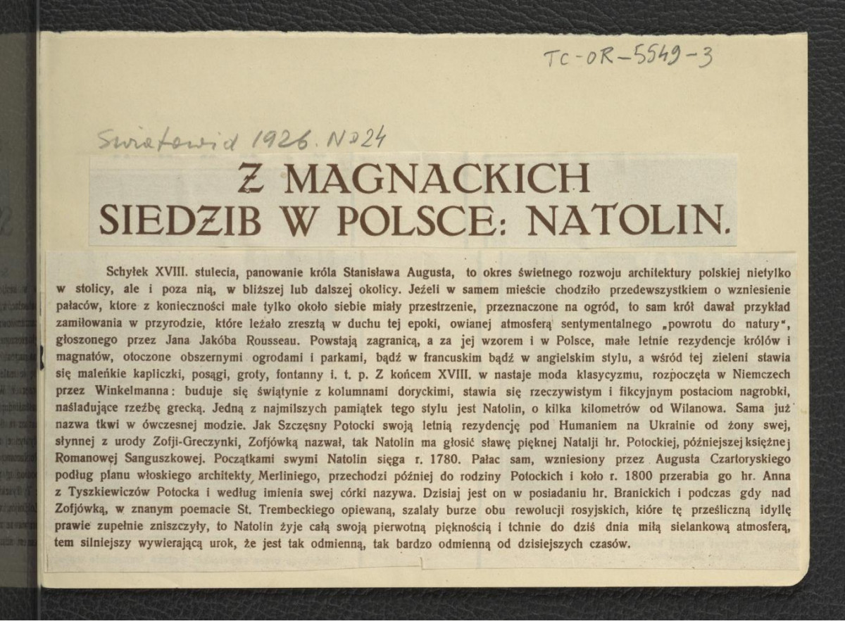 wycinek z "Światowid" nr 24 (1926) zawierający tekst pt. Z magnackich siedzib w Polsce: Natolin, skan 1