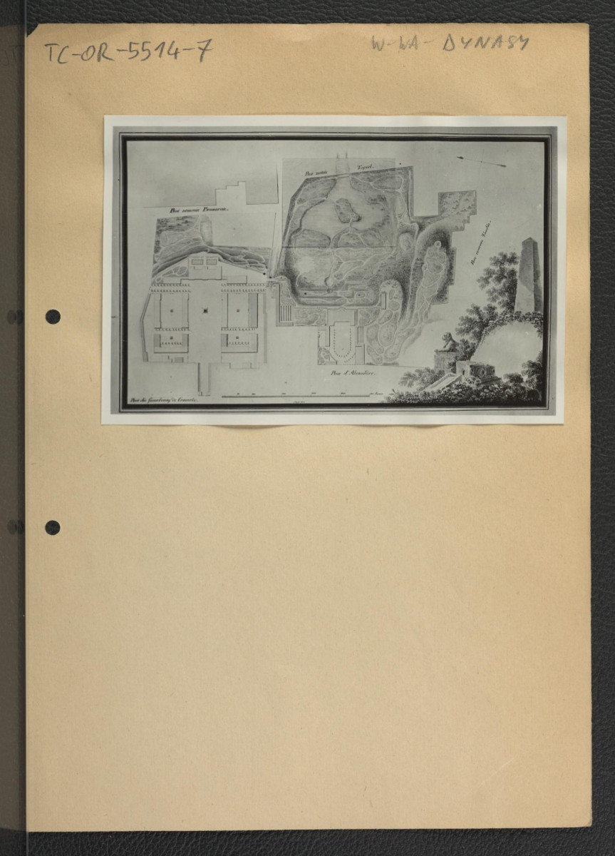 5 fotografii czarno-białych fotografii reprodukcji planu Vogla ukazującego miejscową posesję z 1815 r., a pochodzącą z Gabinetu Rycin Biblioteki Uniwersyteckiej w Warszawie, t. 175, nr 303                                                                              , skan 7