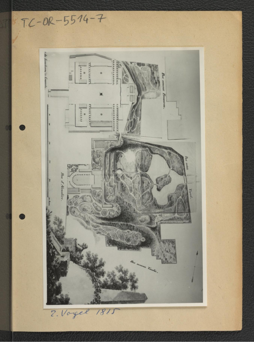 5 fotografii czarno-białych fotografii reprodukcji planu Vogla ukazującego miejscową posesję z 1815 r., a pochodzącą z Gabinetu Rycin Biblioteki Uniwersyteckiej w Warszawie, t. 175, nr 303                                                                              , skan 9