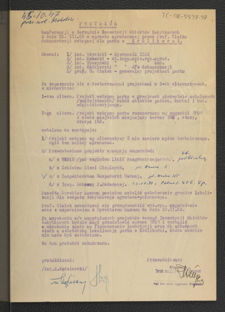 kopiał protokołu konferencji w Zarządzie Inwestycji Obiektów Zabytkowych z 21 grudnia 1963 r. w sprawie opracowania przez G. Ciołka dokumentacji wstępnej dla parku Królikarnia , skan 1