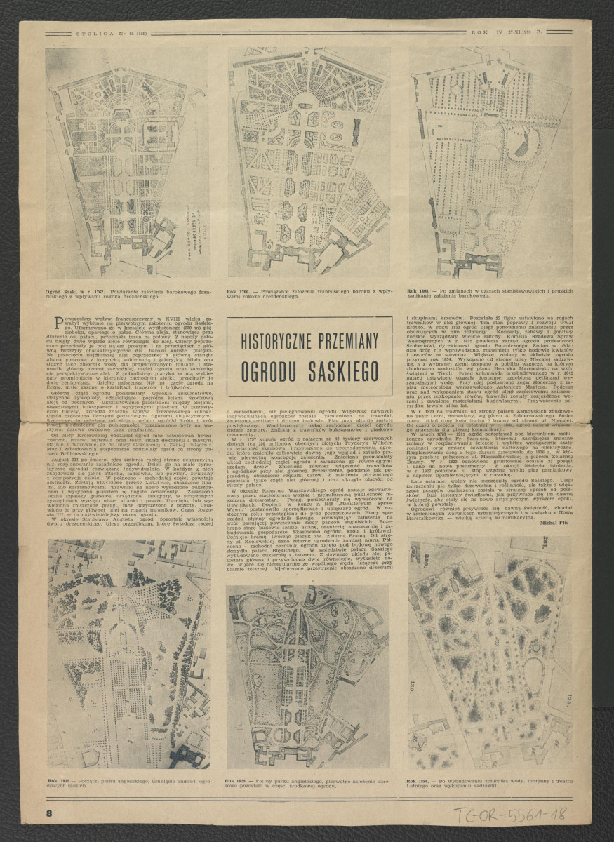 3 karty z czasopisma „Stolica” nr 48 (159) z 27 września 1949 r. zawierające artykuł autorstwa Wiesława Wernica pt. Ogród saski w nowych planach , skan 4