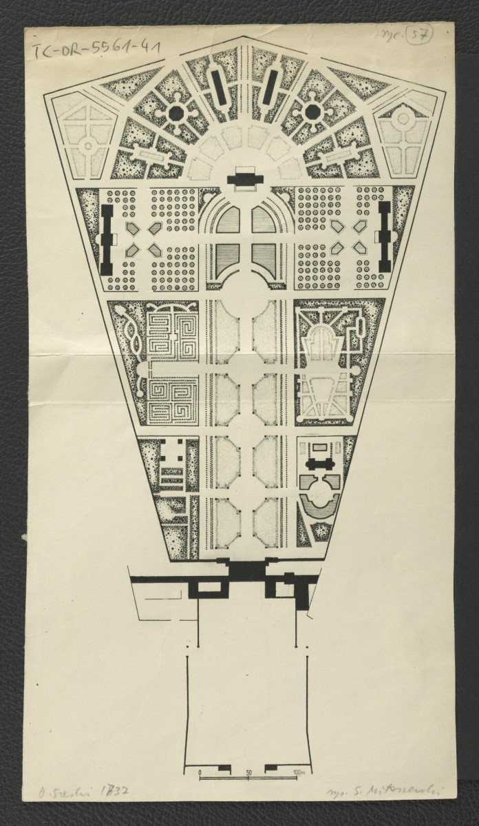 plan Ogrodu Saskiego z 1737 r. według planu A Karczewskiego opracowanego przez G. Ciołka oraz wykorzystany w Ciołek G., Ogrody polskie, Warszawa 1954, s. 70, skan 1