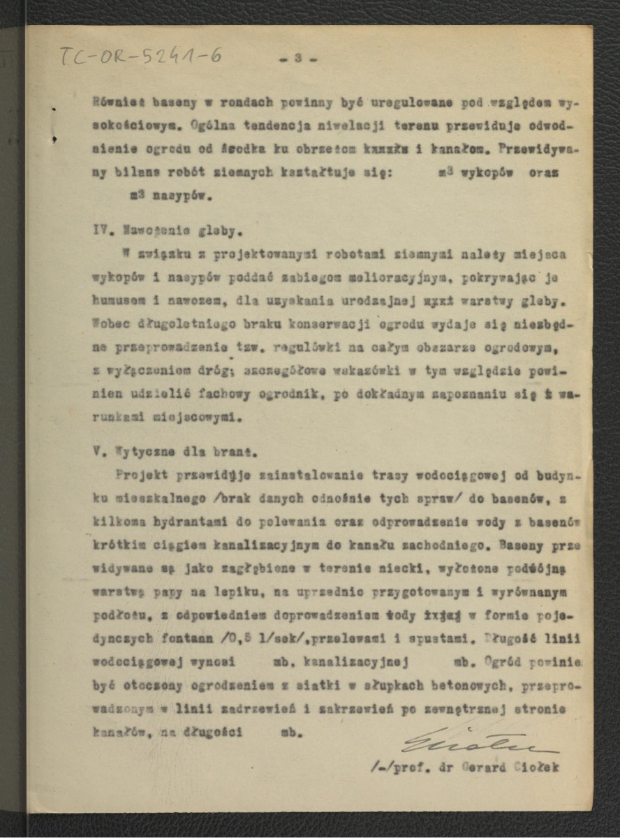 opis techniczny projektu wstępnego rekonstrukcji zabytkowego ogrodu w tej miejscowości z 15 grudnia 1960 r. autorstwa G. Ciołka; trzy karty , skan 3
