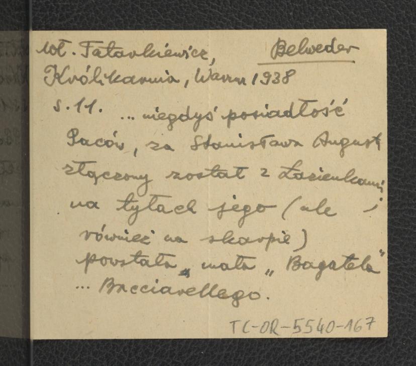 wypis z Tatarkiewicz W., Królikarnia: analiza i dzieje, Warszawa 1938, s. 11 wzmiankujący przynależność miejscowej posesji do rodu Paców , skan 1