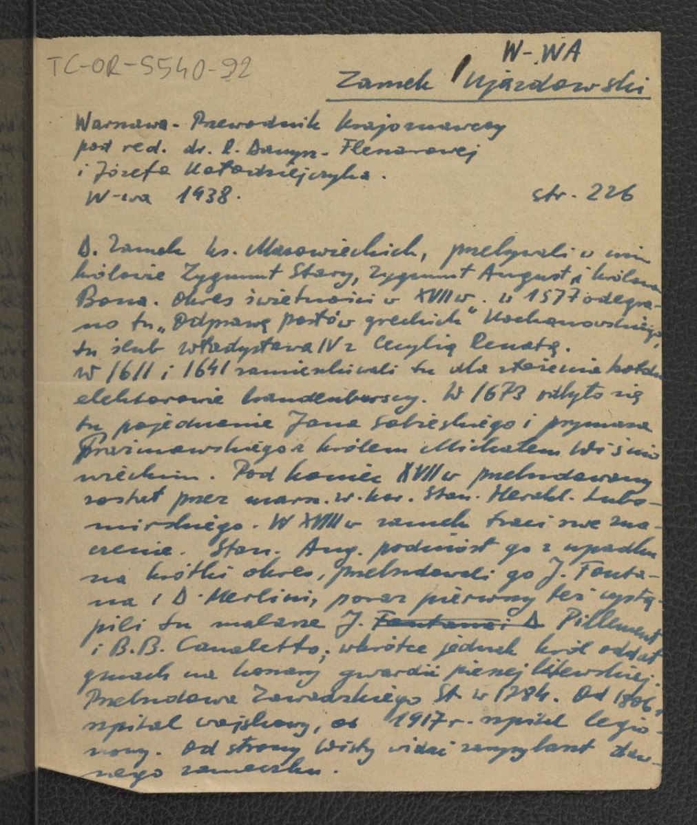 wypis z Warszawa. Przewodnik krajobrazowy, red. R. Danysz i J. Kołodziejczyk, Warszawa 1938, s. 226 dotyczący dziejów zabudowy Ujazdowa i Łazienek , skan 1
