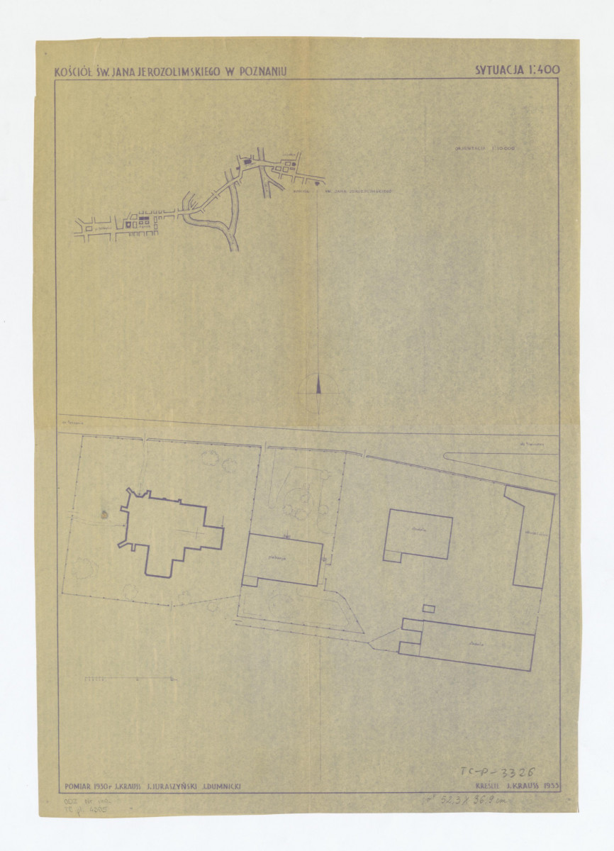 "1/ lokalizacja miejska kościoła 2/ plan sytuacyjny kościoła i zabudowań przykościelnych  według pomiaru J. Krauss, J. Juraszyński, J. Dumnicki 1930", skan 1