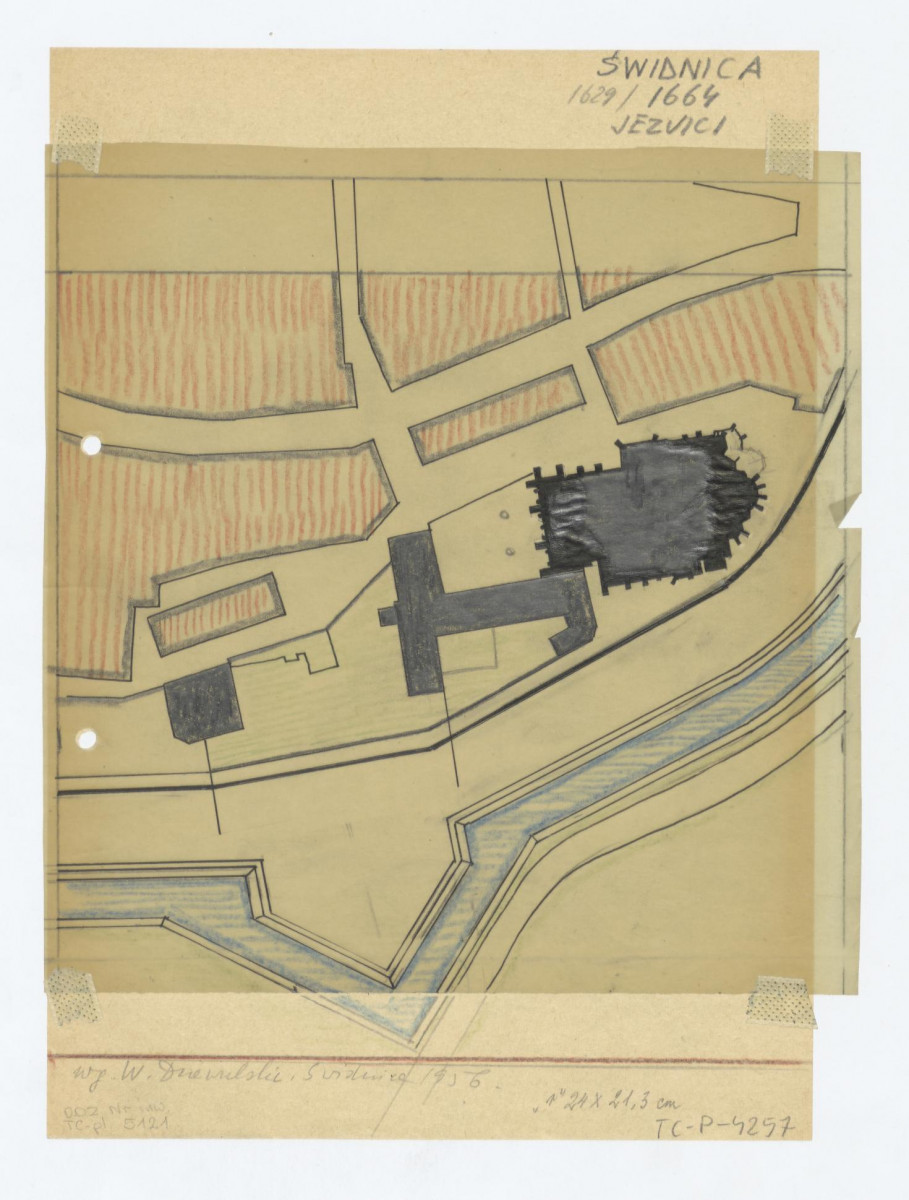 plan sytuacyjny klasztoru z kościołem, zabudowaniami i ogrodami klasztornymi /według W. Dziewulski, Świdnica 1956 rok/, skan 1