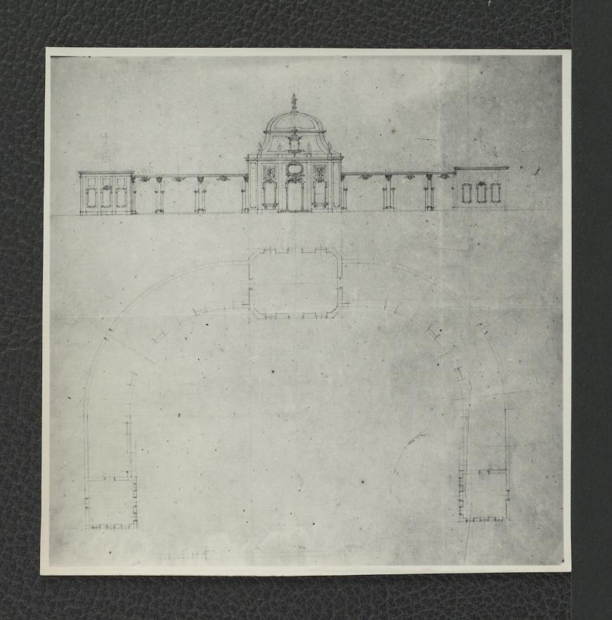 fotografia czarno-biała przedstawiająca projekt w południowo-zachodniej części ogrodu; szkicowy rzut poziomy i elewacja południowa z pierwszej poł. XVIII w.; ze zbiorów drezdeńskich, skan 1