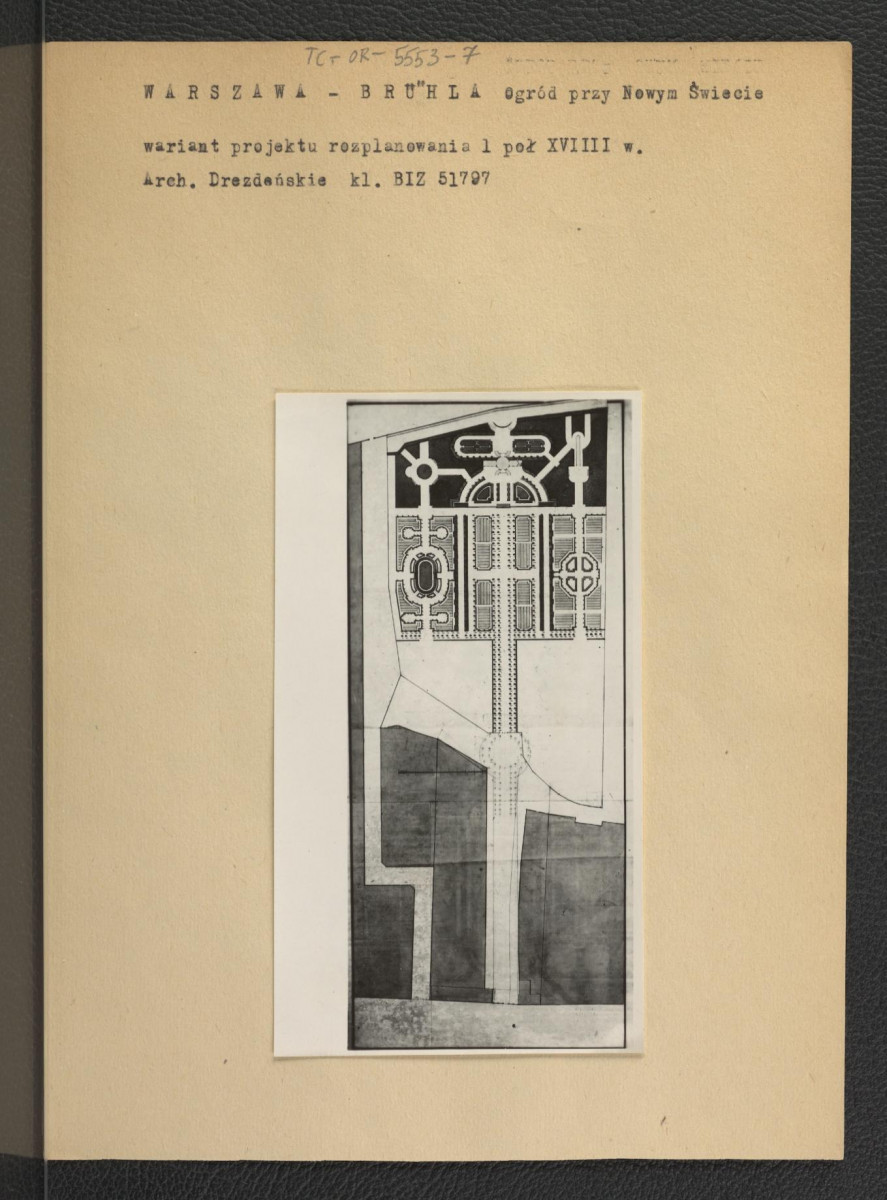 fotografia czarno-biała przedstawiająca ogród Brühla na Nowym Świecie: wariant projektu rozplanowania; I poł. XVIII w. , skan 1
