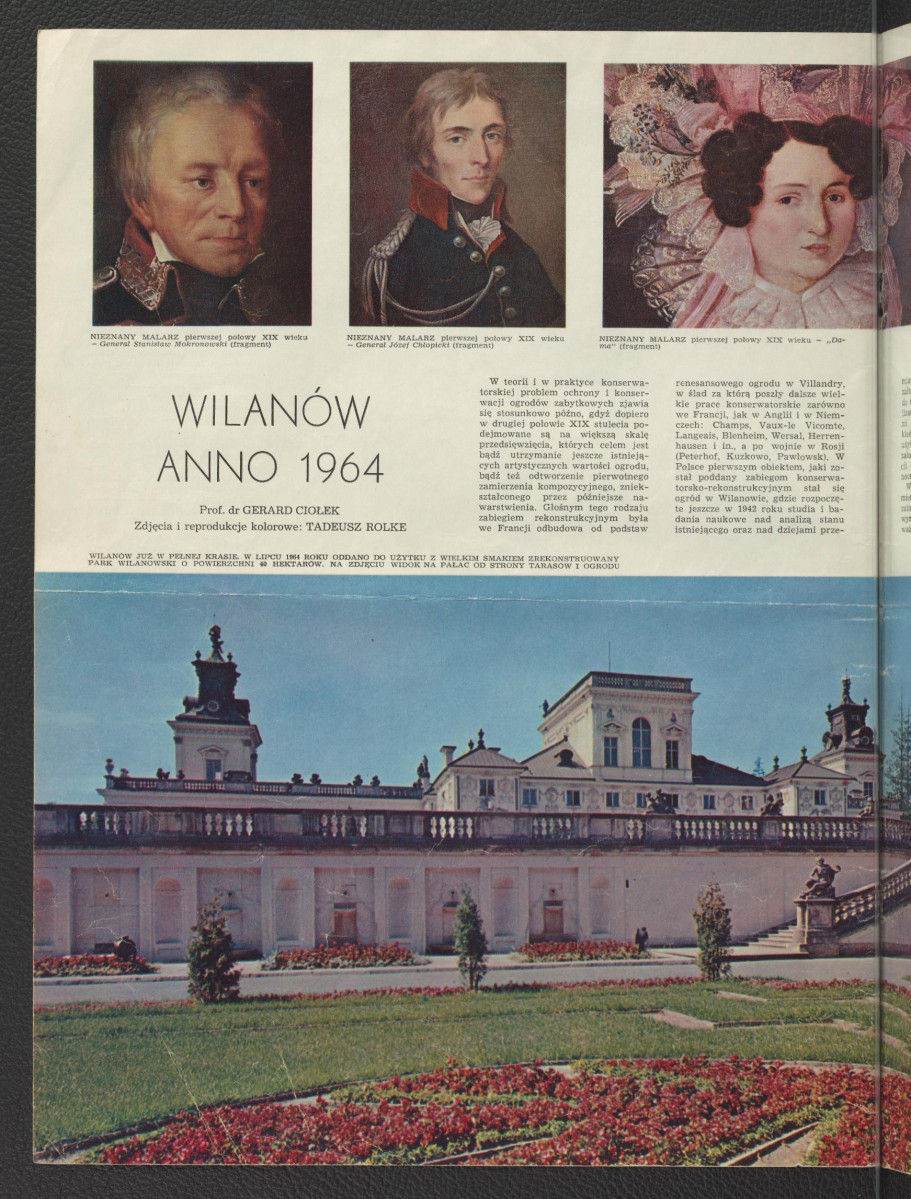 3 karty z czasopisma zawierające artykuł autorstwa G. Ciołka pt. Wilanów anno 1964 wraz z kolorowymi reprodukcjami fotografii zespołu pałacowego autorstwa Tadeusza Rolke           , skan 2