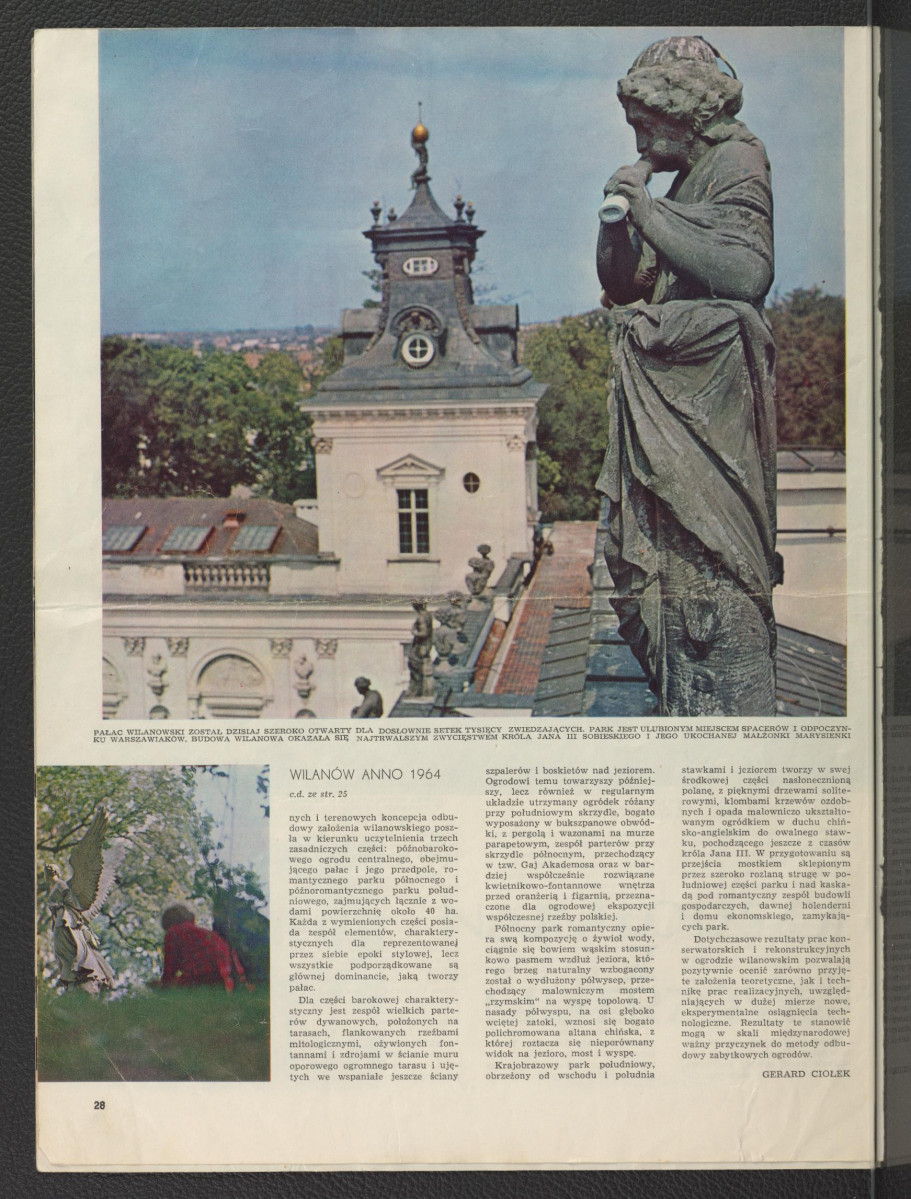 3 karty z czasopisma zawierające artykuł autorstwa G. Ciołka pt. Wilanów anno 1964 wraz z kolorowymi reprodukcjami fotografii zespołu pałacowego autorstwa Tadeusza Rolke           , skan 6