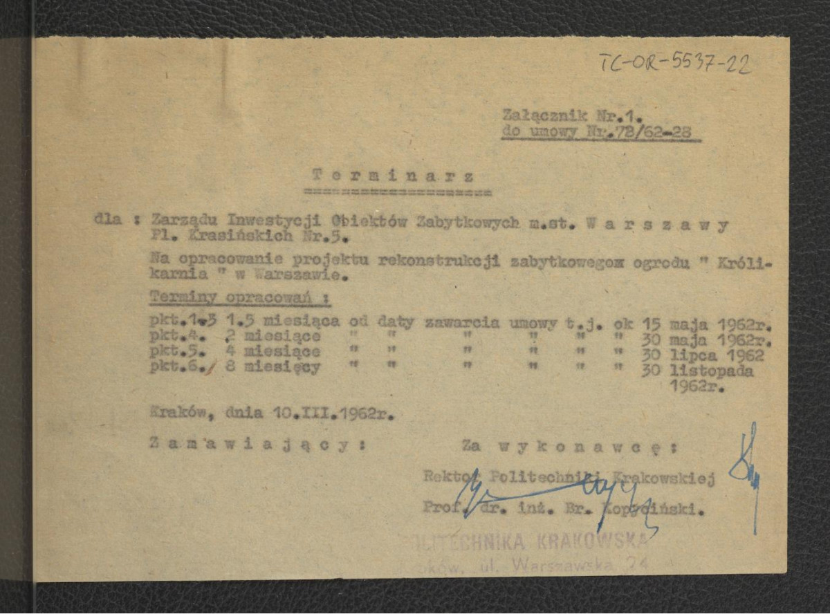 załącznik nr 1 do umowy nr 72/62-28: Terminaż opracowania projektu rekonstrukcji zabytkowego ogrodu Królikarnia z 10 marca 1962 r. , skan 1
