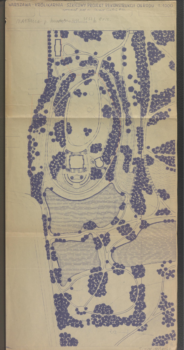 szkicowy projekt rekonstrukcji ogrodu Królikarnia (1 : 1000) sporządzony przez G. Ciołka w 1958 r. , skan 1