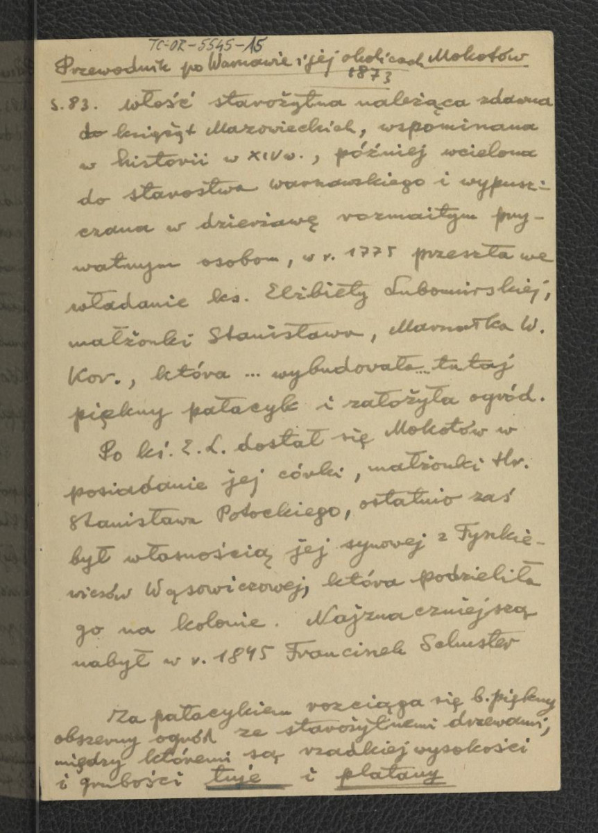 wypis z Chodorowicz I., Fryze F., Przewodnik po Warszawie i jej okolicach, Warszawa 1873, s. 83 dotyczący wzmianki z XIV w. oraz przynależności miejscowej posesji do rodziny Lubomirskich , skan 1