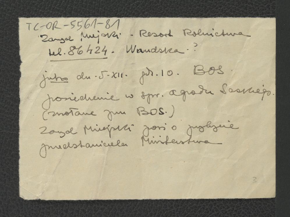 notatka z 4 grudnia (prawdopodobnie) 1946 r. o posiedzeniu zarządu miejskiego w dniu następnym w sprawie miejscowego ogrodu , skan 1