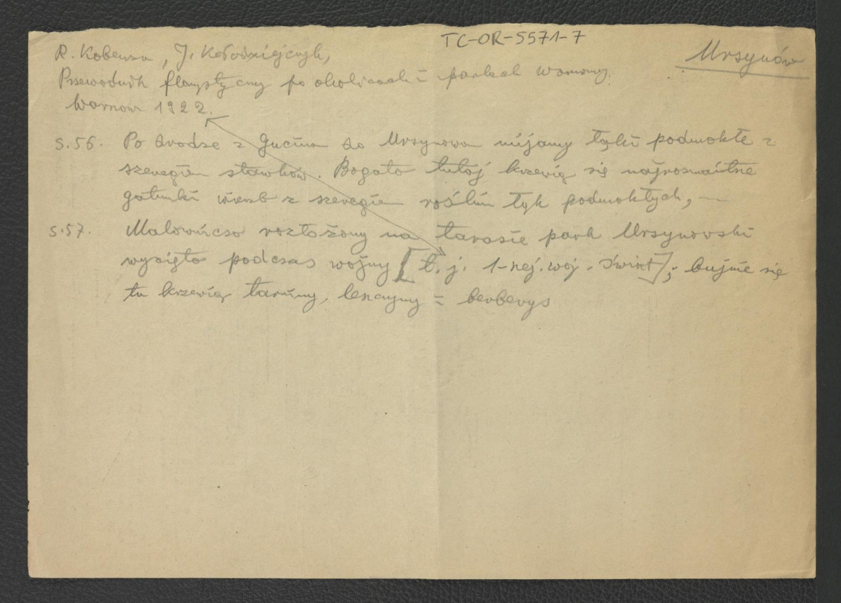 wypis z Kobenza R., Kołodziejczyk J., Przewodnik florystyczny po okolicach i parkach Warszawy, Warszawa 1922, s. 56-57 dotyczący miejscowej roślinności , skan 1