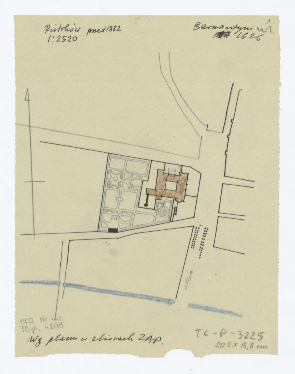plan sytuacyjny klasztoru  z zabudowaniami klasztornymi i ogrodami z 1882 roku /według planu w zbiorach Zakładu Architektury Politechniki, skan 1