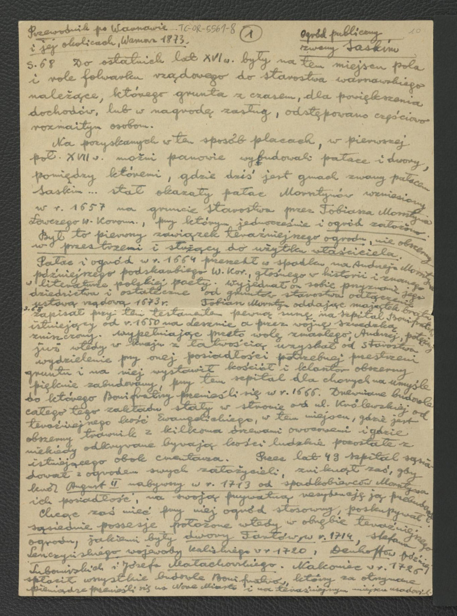 wypis z Chodorowicz I., Fryze F., Przewodnik po Warszawie i jej okolicach, Warszawa 1873, s. 68-73, 28 dotyczący dziejów miejscowego ogrodu oraz pałacu; sześć kart, skan 1
