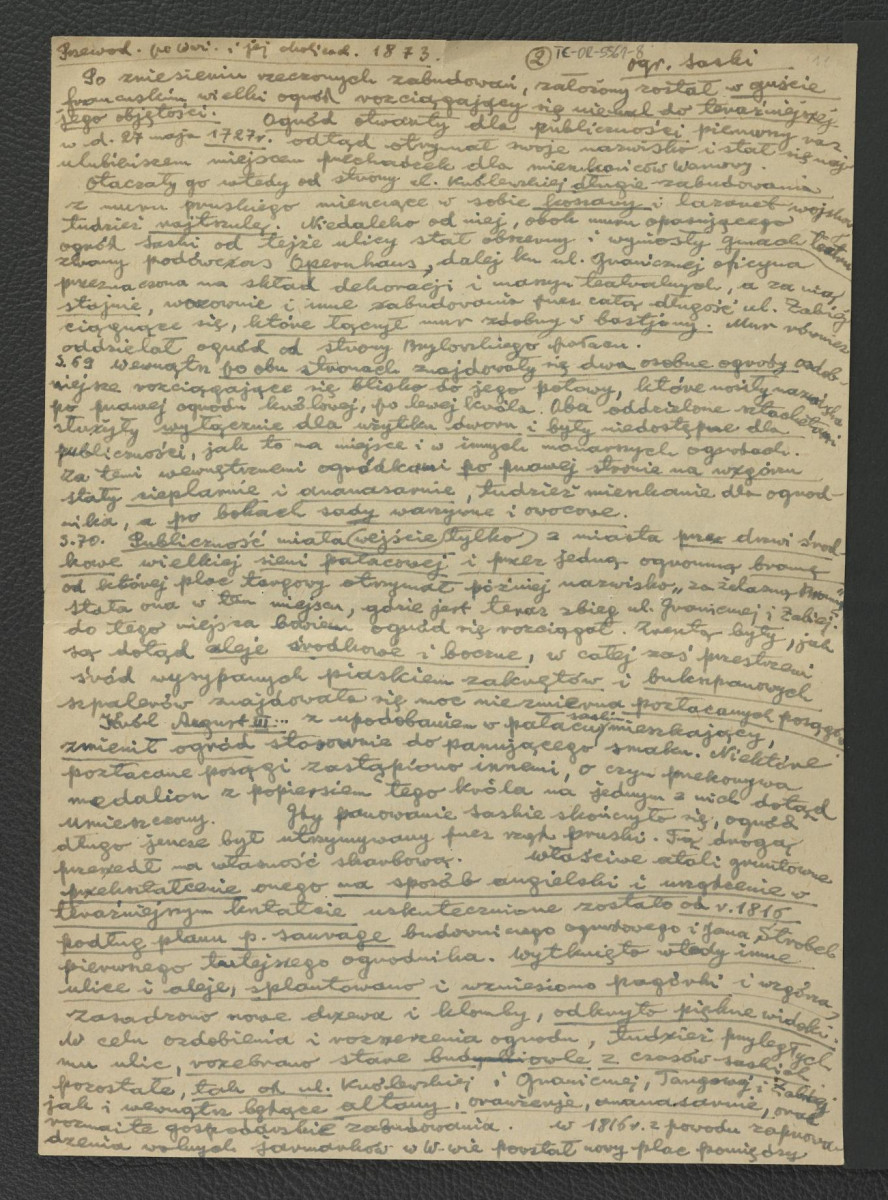 wypis z Chodorowicz I., Fryze F., Przewodnik po Warszawie i jej okolicach, Warszawa 1873, s. 68-73, 28 dotyczący dziejów miejscowego ogrodu oraz pałacu; sześć kart, skan 2