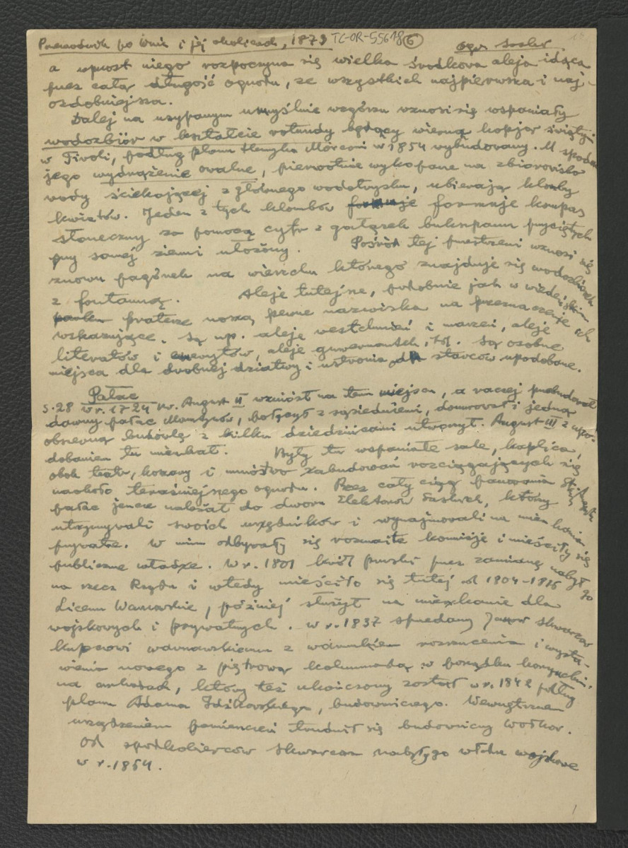 wypis z Chodorowicz I., Fryze F., Przewodnik po Warszawie i jej okolicach, Warszawa 1873, s. 68-73, 28 dotyczący dziejów miejscowego ogrodu oraz pałacu; sześć kart, skan 6