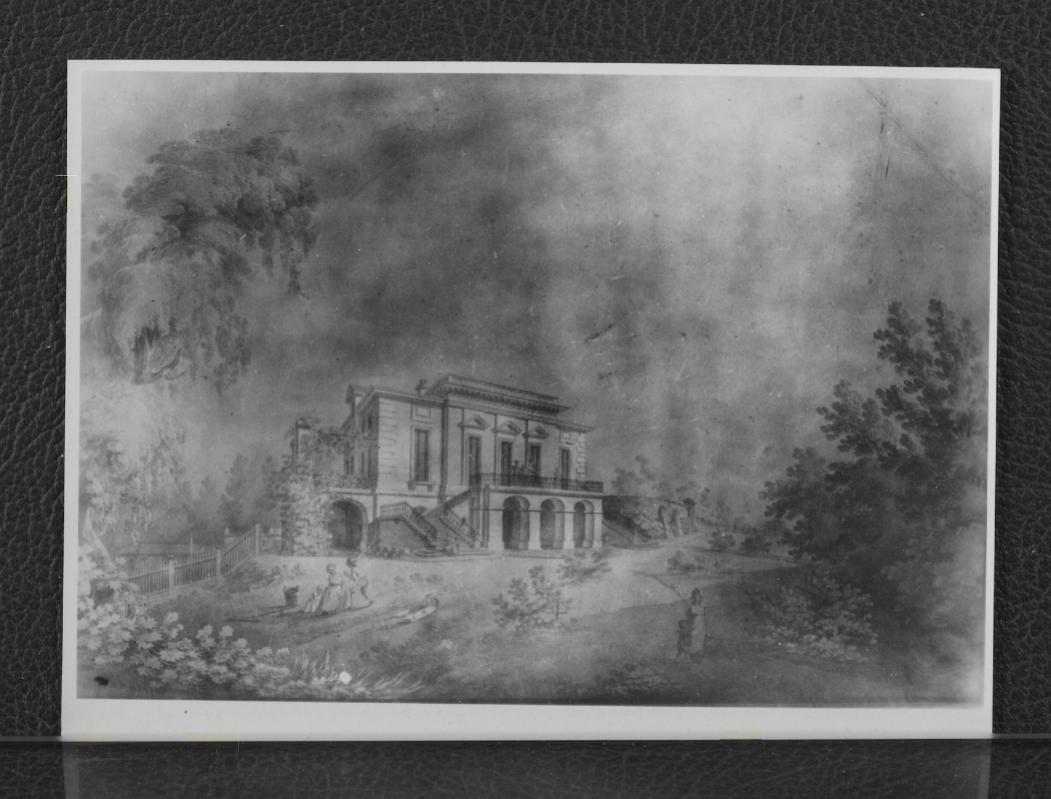 fotografia czarno-biała przedstawiająca pałacyk Elżbiety Lubomirskiej w Mokotowie, późniejszy pałac Szustrów; widok od wschodu z lat 80. XVIII w., skan 1