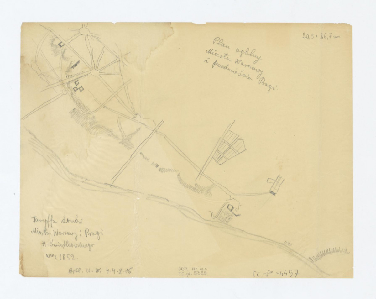 plan ogólny Miasta Warszawy i przedmieścia Pragi - szkic według W. Świątkowski, Taryffa domów Miasta Warszawy i Pragi. Warszawa 1852, skan 1