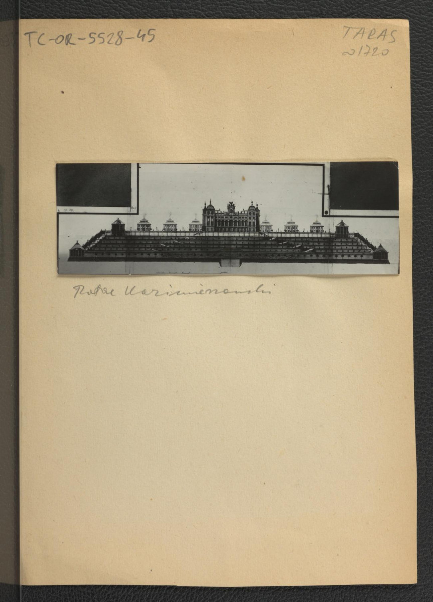 3 fotografie czarno-białe przedstawiające projekt przebudowy Pałacu Kazimierzowskiego z pierwszej poł. XVIII w. – widok ze wschodu – ze zbiorów archiwum w Dreźnie; 1950 r., skan 4