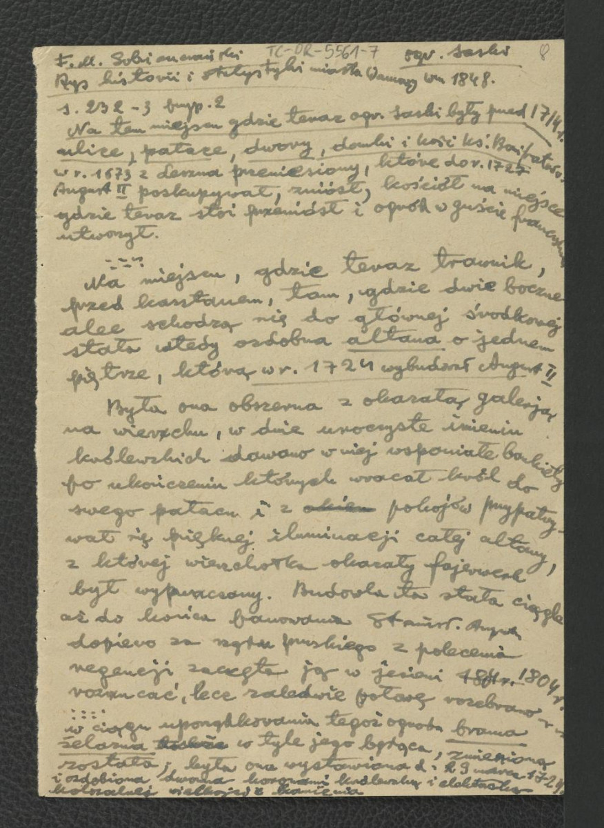 wypis z Sobieszczański F.M., Rys historii i stylisty miasta Warszawy, Warszawa 1848, s. 232, 132, 220 dotyczący miejscowego ogrodu; dwie karty , skan 1
