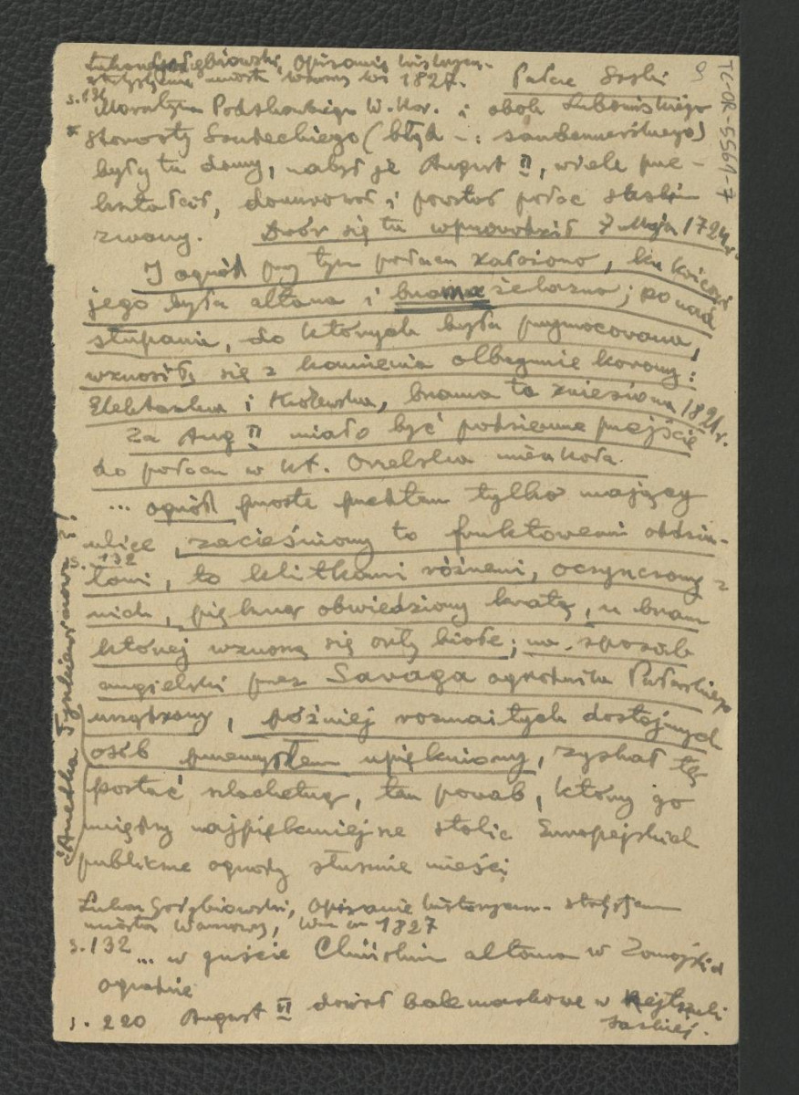 wypis z Sobieszczański F.M., Rys historii i stylisty miasta Warszawy, Warszawa 1848, s. 232, 132, 220 dotyczący miejscowego ogrodu; dwie karty , skan 2