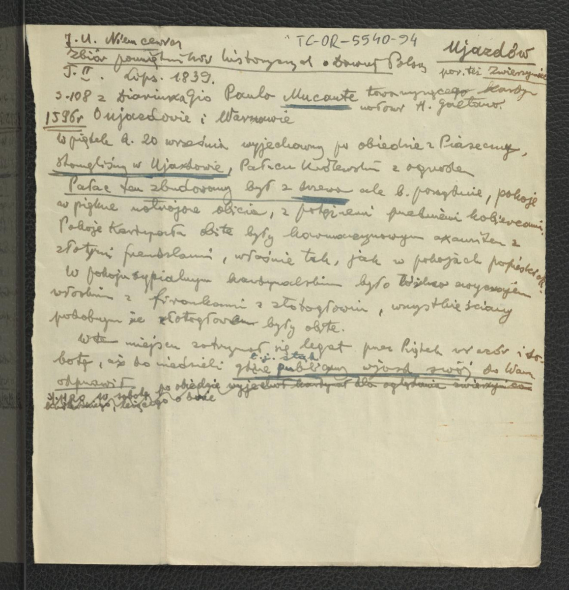 wypis z Niemcewicz J.U., Zbiór pamiętników o dawnej Polszcze, t. II, Lips: Breitkopf i Haertel 1839, s. 108 dotyczący przejazdu przez Ujazdów , skan 1