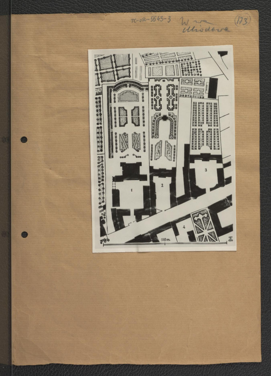 fotografia czarno-biała przedstawiająca plan miejscowego założenia pałacowo-parkowego         , skan 1