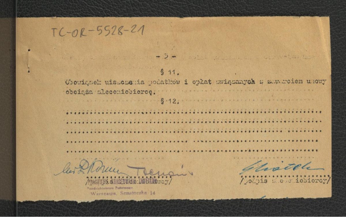 zawiadomienie z 23 czerwca 1952 r. ze strony PKZ dla G. Ciołka wraz z egzemplarzem umowy na wykonanie założeń projektu rozwiązania terenu Uniwersytetu przy ul. Krakowskie Przedmieście 24, 26/28, 30 i 32 podpisaną 30 maja 1952 r.; cztery karty , skan 2