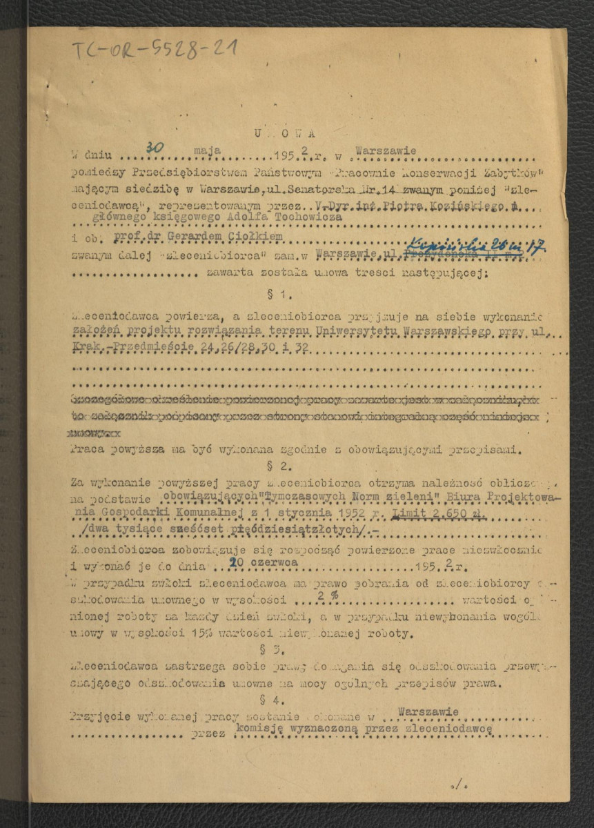 zawiadomienie z 23 czerwca 1952 r. ze strony PKZ dla G. Ciołka wraz z egzemplarzem umowy na wykonanie założeń projektu rozwiązania terenu Uniwersytetu przy ul. Krakowskie Przedmieście 24, 26/28, 30 i 32 podpisaną 30 maja 1952 r.; cztery karty , skan 3