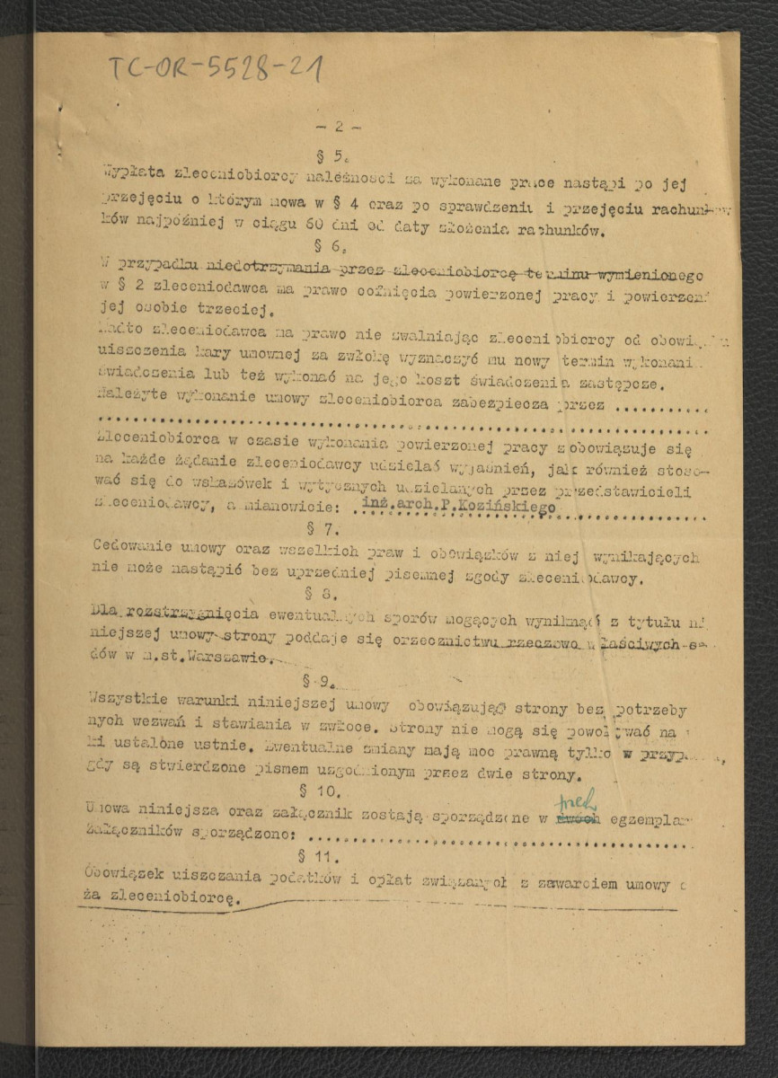 zawiadomienie z 23 czerwca 1952 r. ze strony PKZ dla G. Ciołka wraz z egzemplarzem umowy na wykonanie założeń projektu rozwiązania terenu Uniwersytetu przy ul. Krakowskie Przedmieście 24, 26/28, 30 i 32 podpisaną 30 maja 1952 r.; cztery karty , skan 4